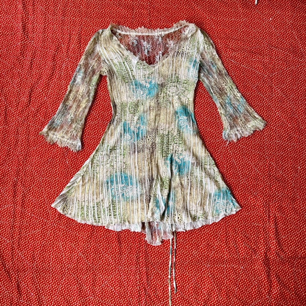 Vintage 2000s Style Mesh Lace Floral Print Tunic Top Mini Dress Green Blue Twee